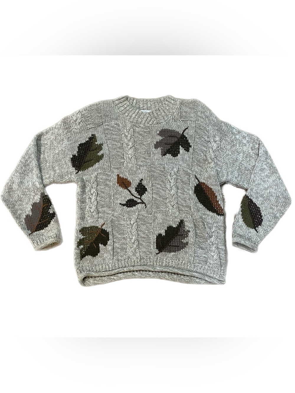 VTG Grandmacore Cable Knit Tan Embroidered Leaf Autumn Fall Chunky Sweater Small